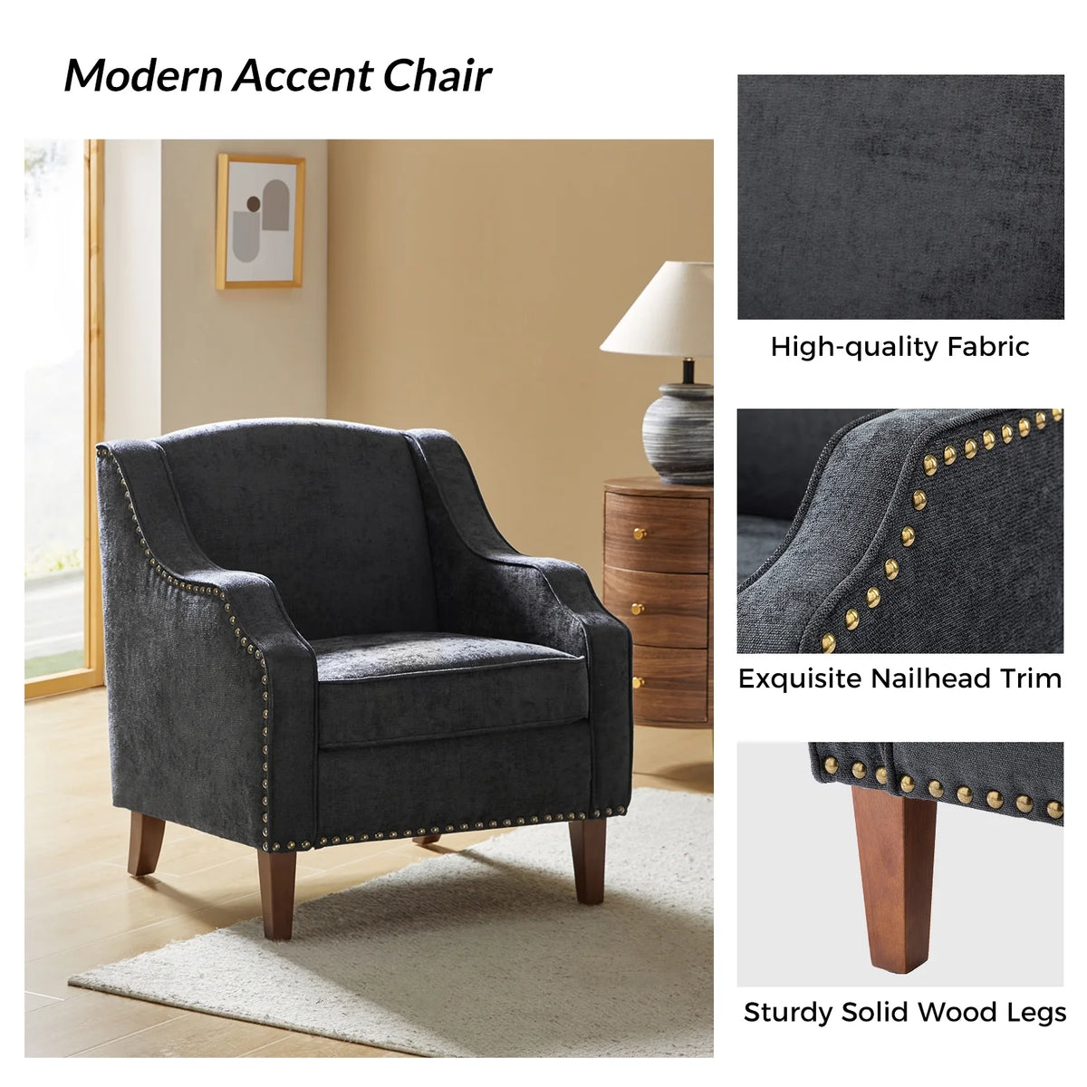 Charcoal Upholstered Wooden Armchairs Set of 2 O1528