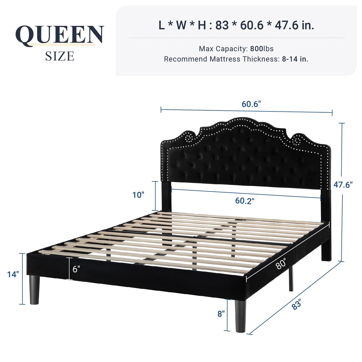 Queen Size Black Velvet Upholstered Platform Bed Frame S81536