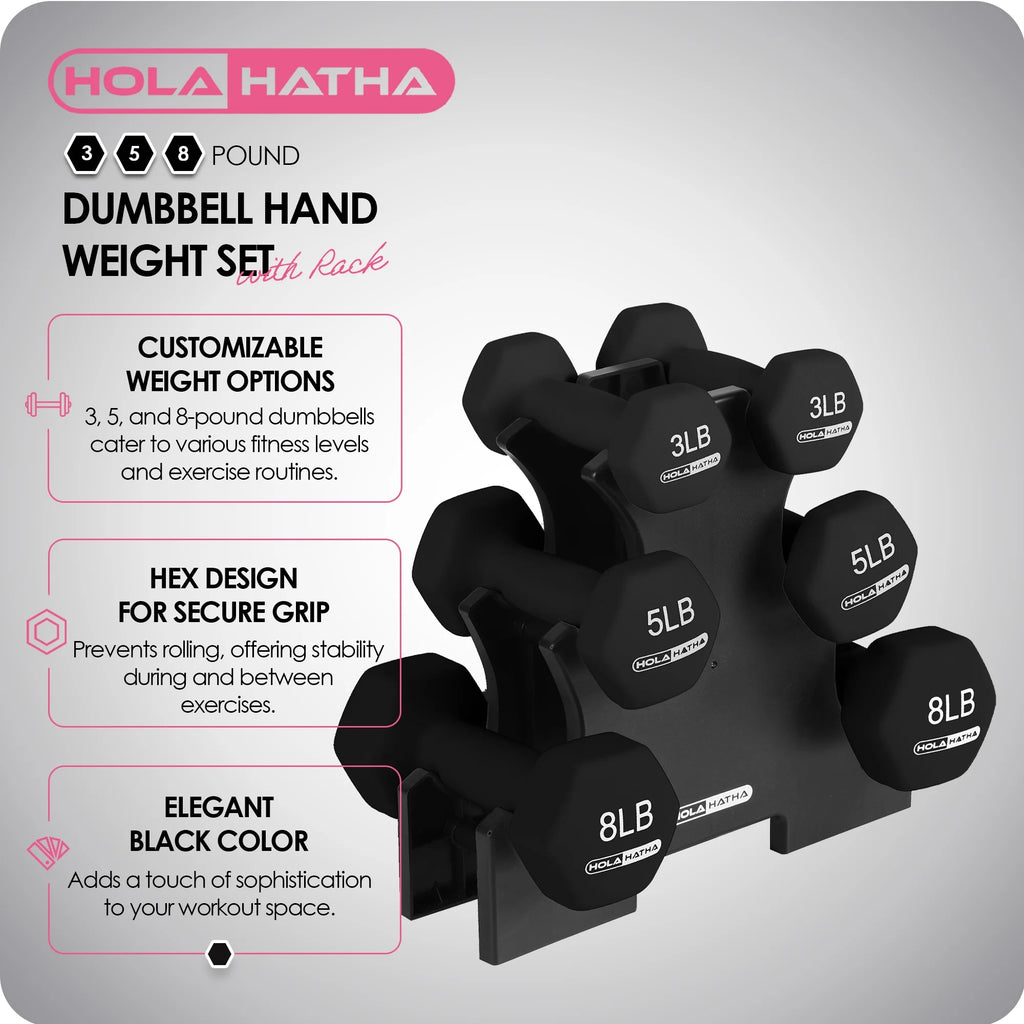 3, 5, and 8 Pound Dumbbell Hand Weight Set with Storage Rack, Black B449