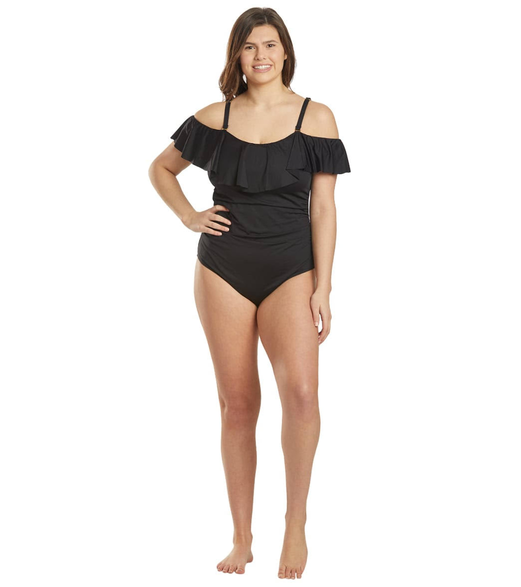 Plus Size Off-The-Shoulder One-Piece Swimsuit - Black S8787