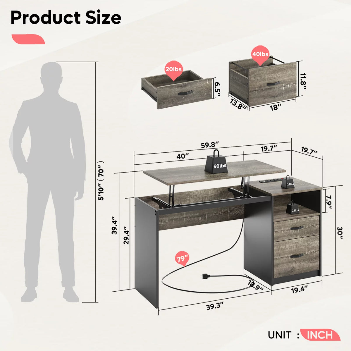 60" Gray Computer Desk with Drawers B113