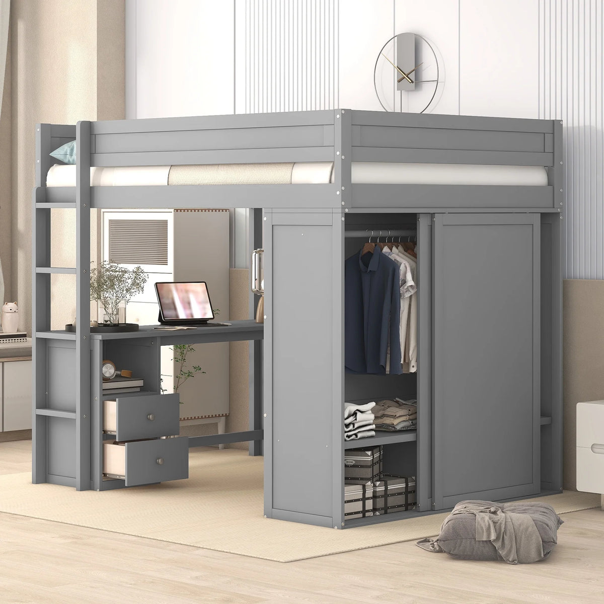 Wood Full Size Loft Bed with Storage Desk, Drawers and Wardrobe O753767