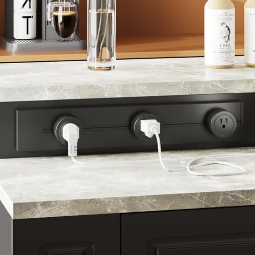 94.5" W Stationary Kitchen Island Storage Cabinet with Power Outlet, 3 Drawers, Black & Marble Grain S315