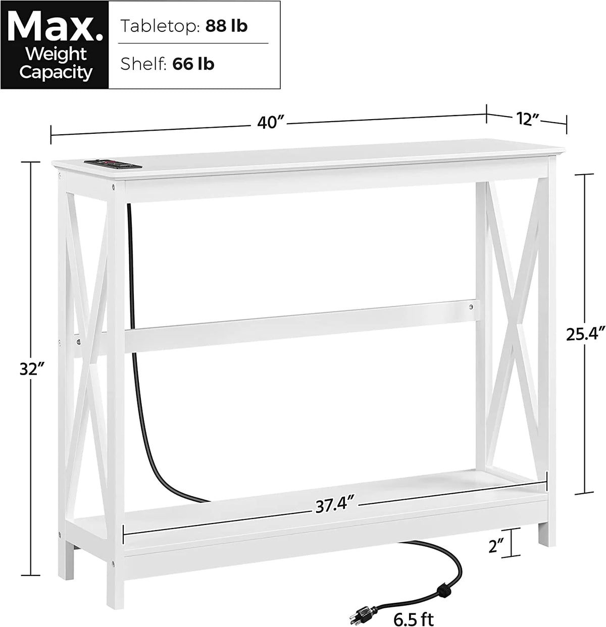 White 40" Console Table with 2 Outlet and 2 USB Ports R3888