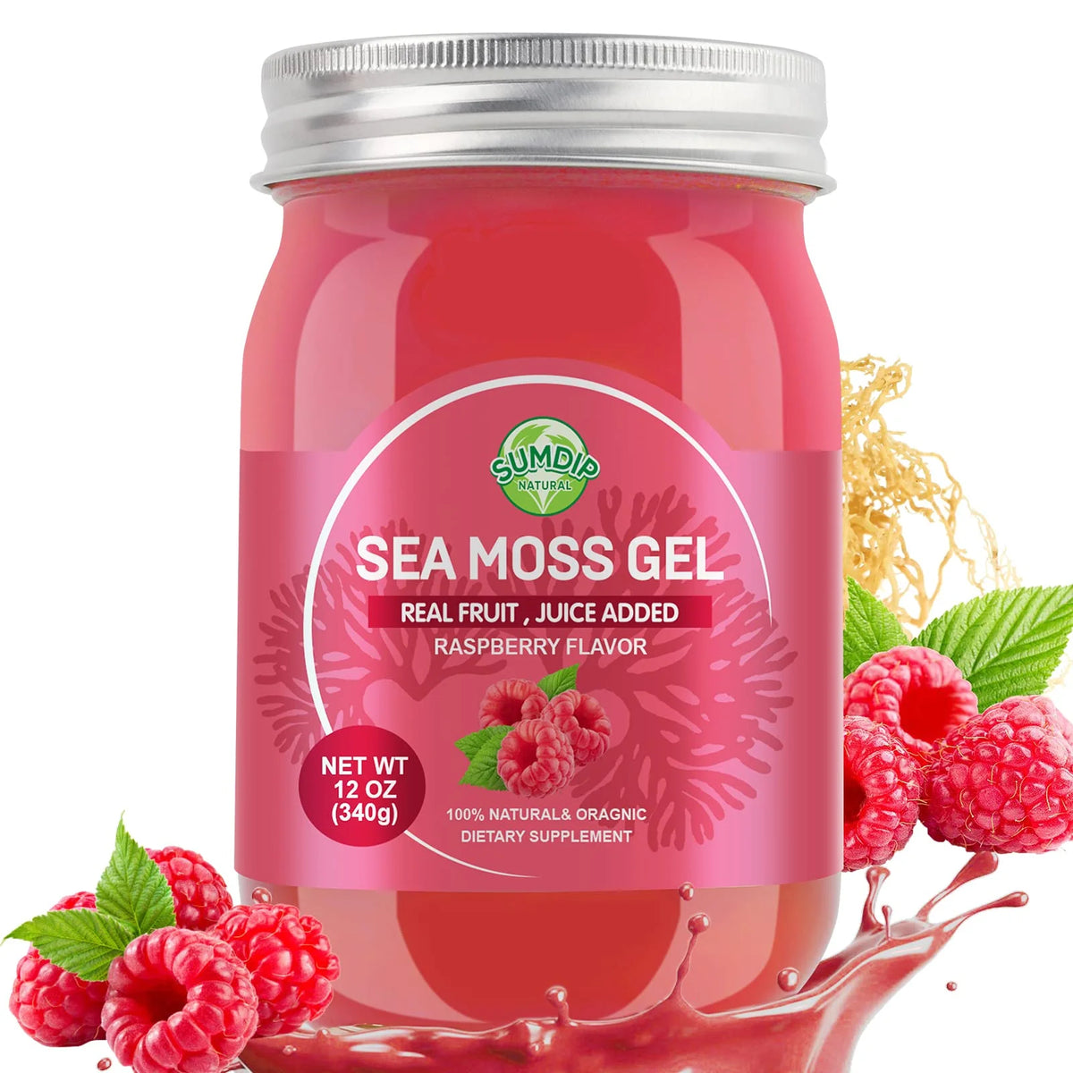 Organic Raw Wildcrafted Irish Seamoss Gel Raspberry 12oz S132589
