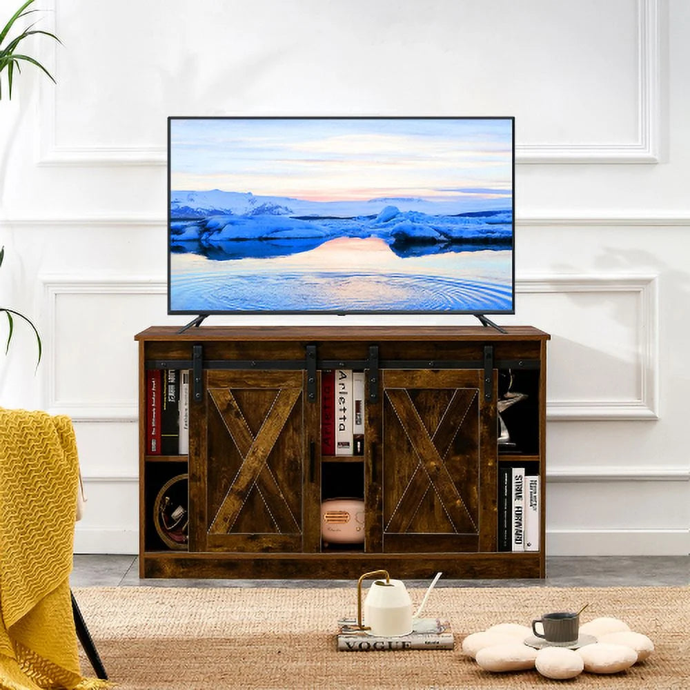 Wooden TV Stand with Storage Cabinet & 2 Sliding Barn Doors A30546