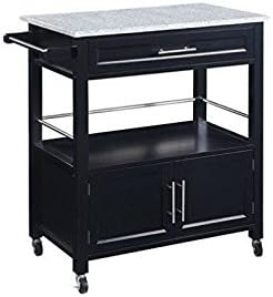 Black Pine Wood Rolling Kitchen Island Cart with Granite Top C8738