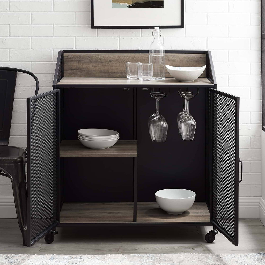 33 inch Grey Wash Bar Cabinet with Metal Mesh U829402