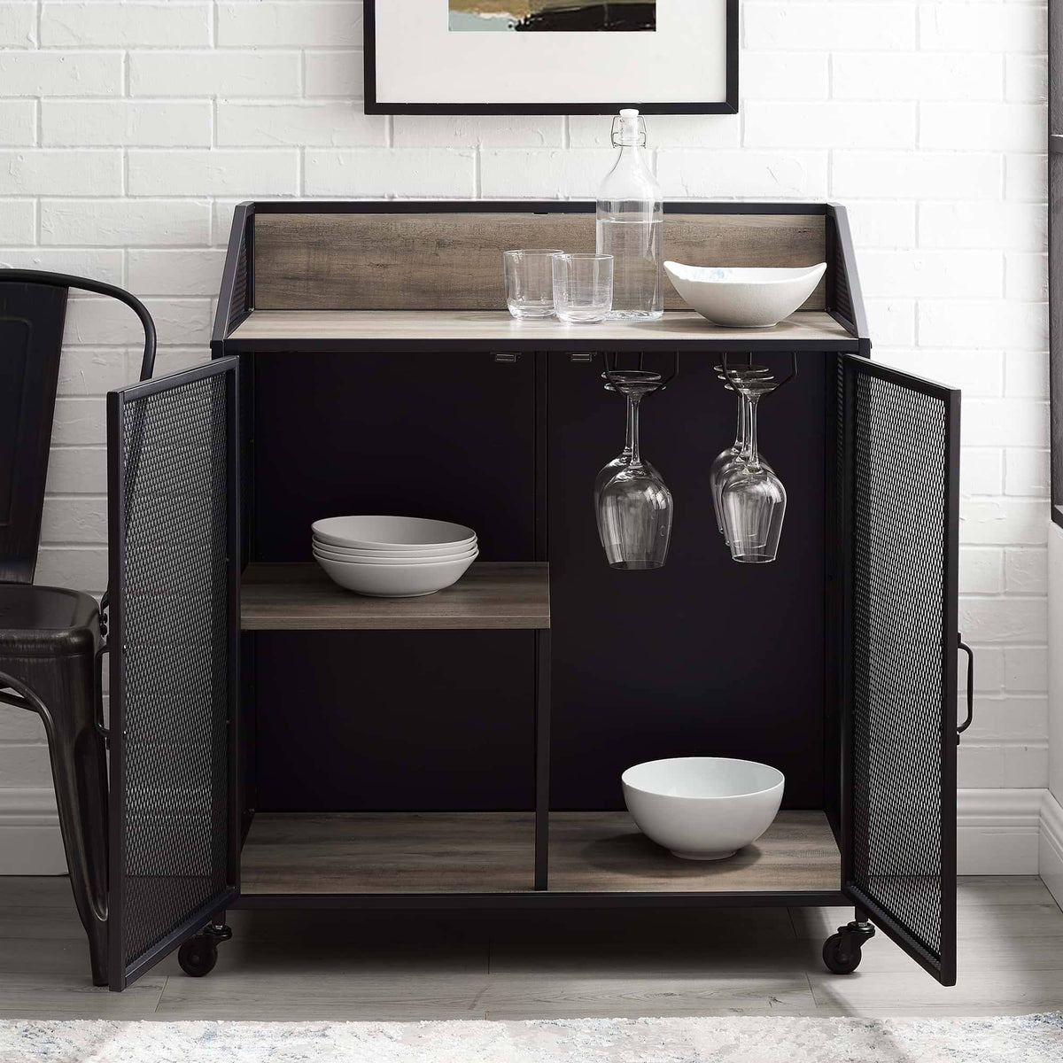 33 inch Grey Wash Bar Cabinet with Metal Mesh U829402