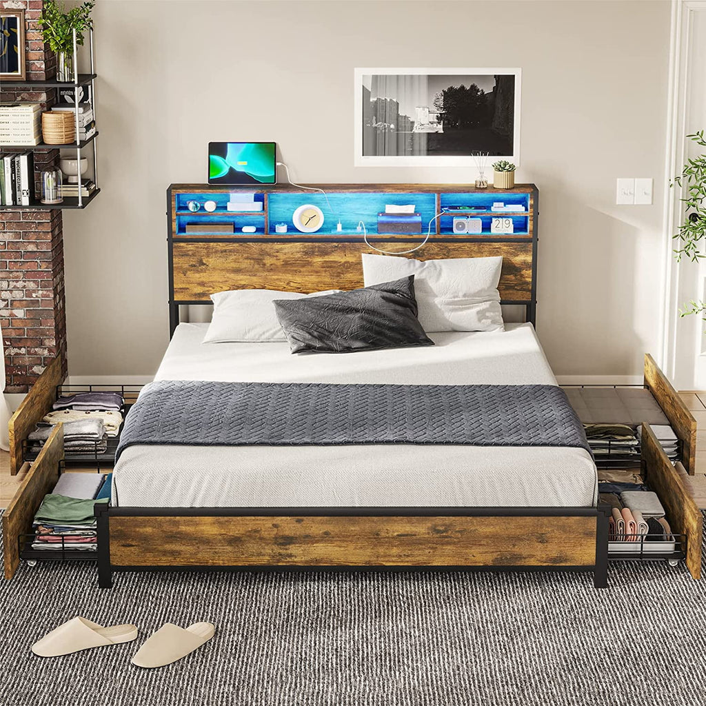 Brown LED Full Bed Frame with Outlets and Storage Drawers X24904