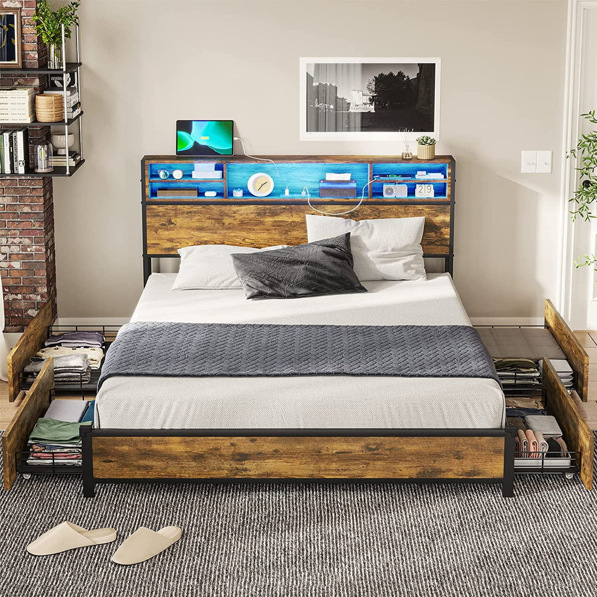 Brown LED Full Bed Frame with Outlets and Storage Drawers X24904