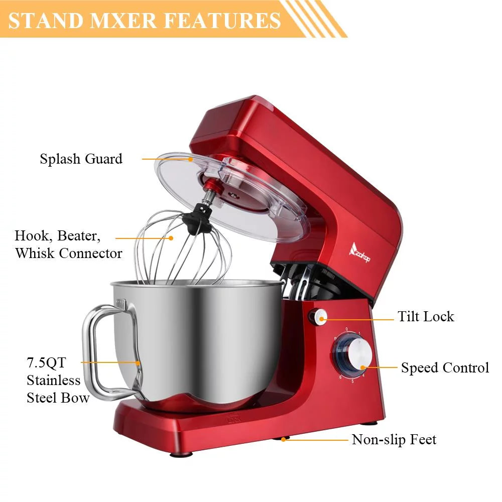 7.5QT 6-Speed Tilt-Head Electric Stand Mixer with Stainless Steel Bowl, Red V483