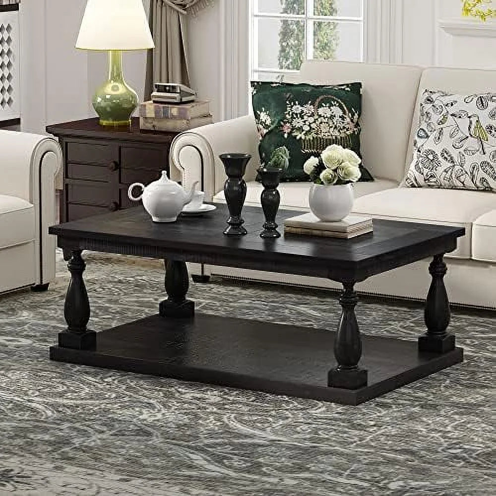 Black Solid Pine Wood Storage Coffee Table M554483