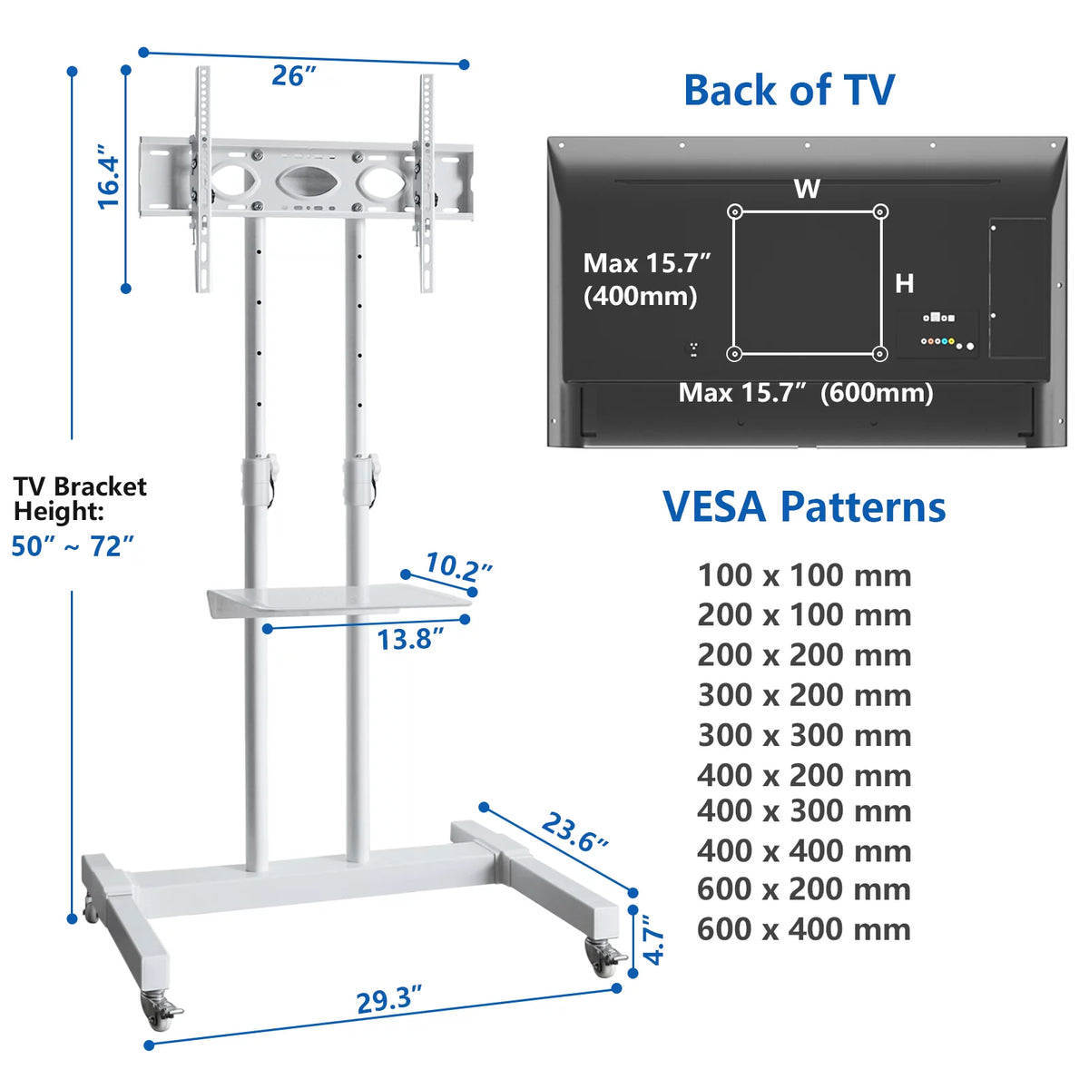 Tall TV Stand with Wheels for 32 to 85 Inch Flat Panel TVs, White Shelf X753982