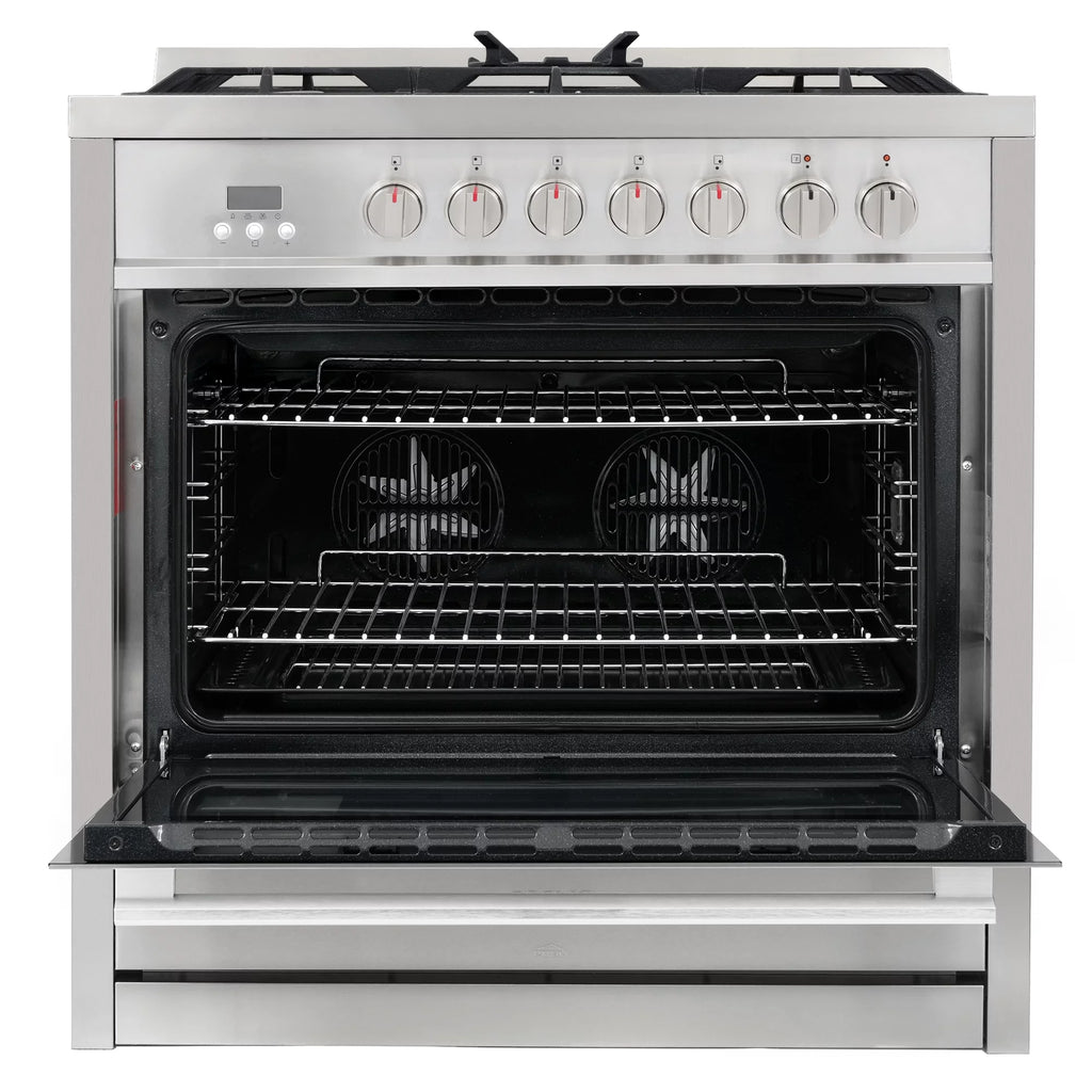 2 Piece Dual Fuel Range and Wall Mount Range Hood Kitchen Appliance Package C8755
