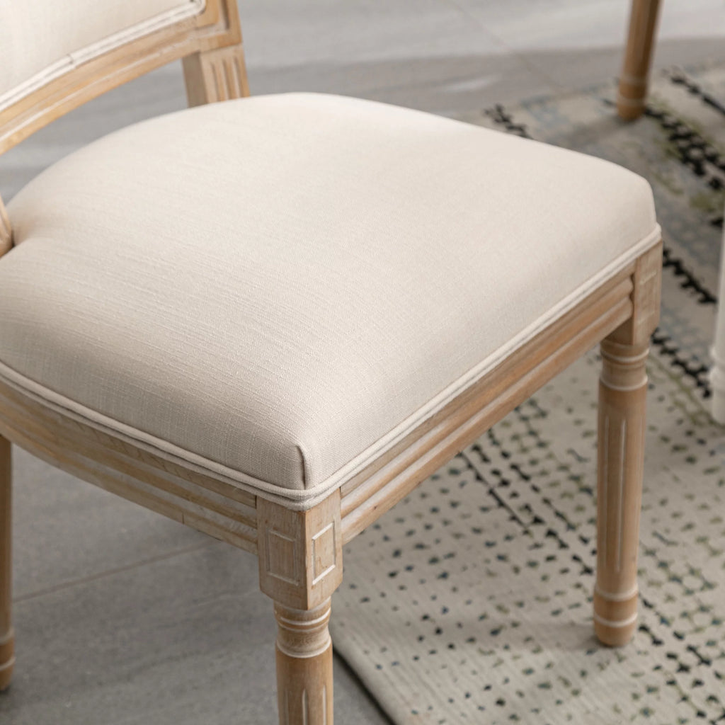 French Style Solid Wood Frame Linen Fabric Rattan Back Dining Chair Set Of 2 J874