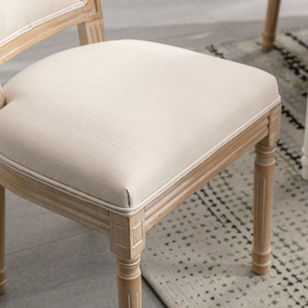 French Style Solid Wood Frame Linen Fabric Rattan Back Dining Chair Set Of 2 J874
