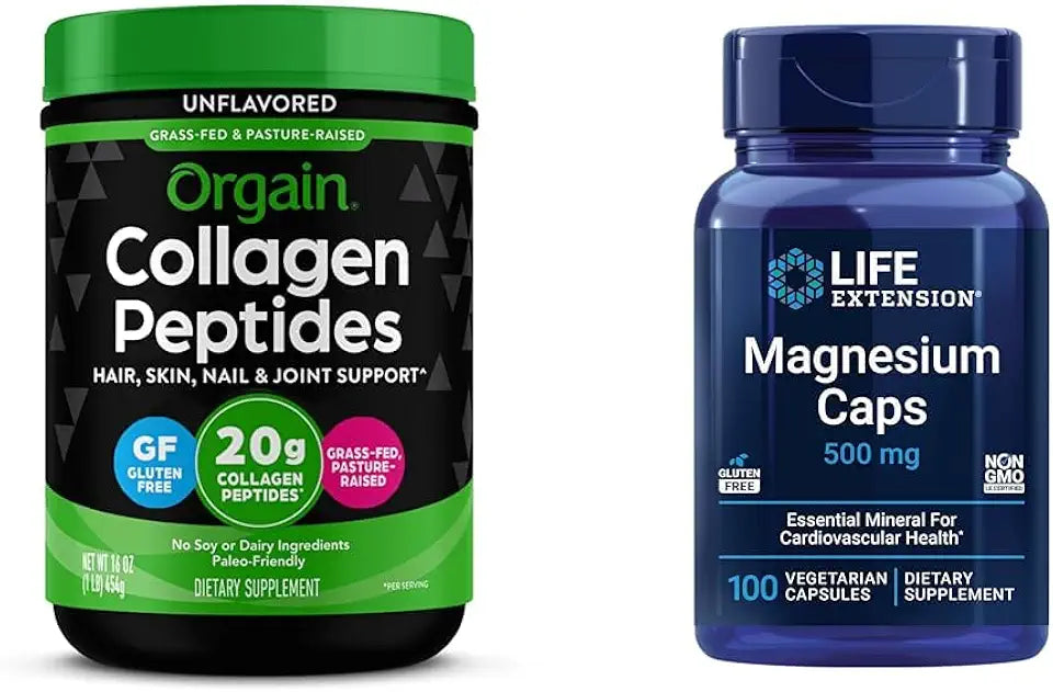 Hydrolyzed Collagen Peptides Powder, Magnesium Caps 500mg J754001