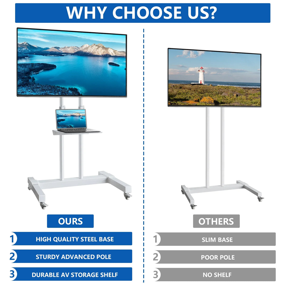Tall TV Stand with Wheels for 32 to 85 Inch Flat Panel TVs, White Shelf X753982