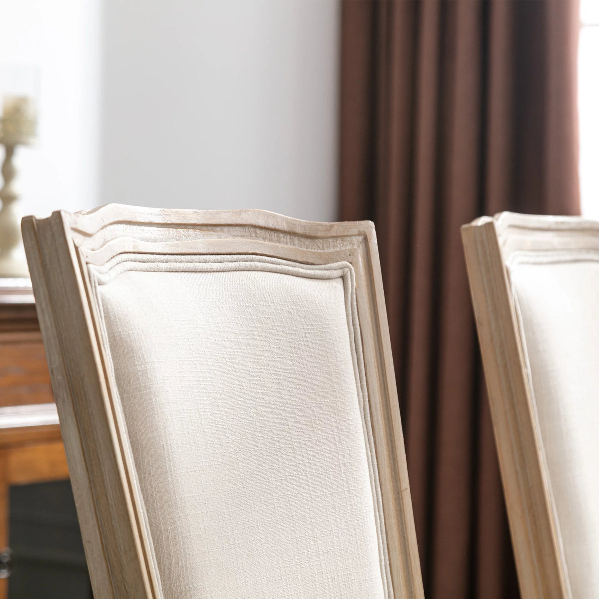 French Style Solid Wood Frame Linen Fabric Rattan Back Dining Chair Set Of 2 J874