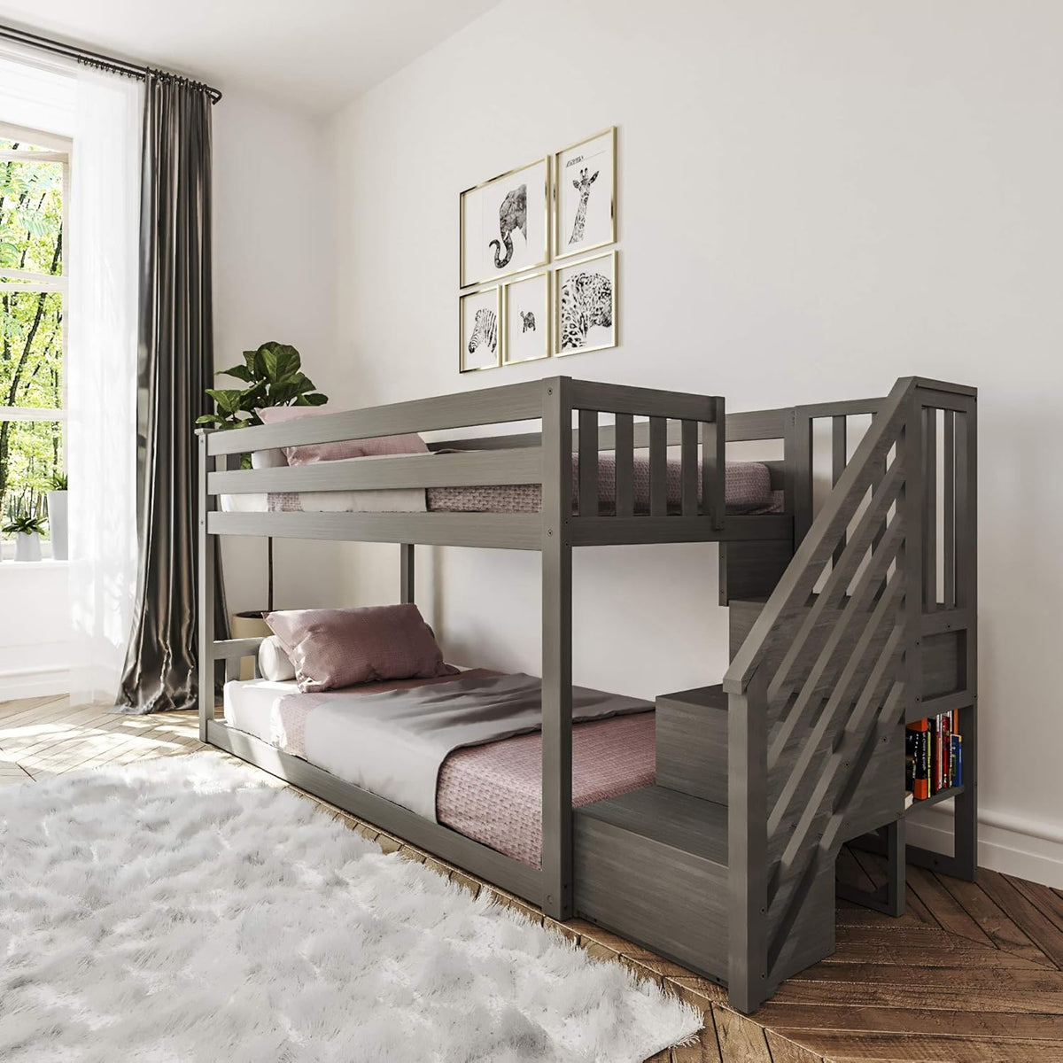 White Twin Low Bunk Bed with Staircase F9360