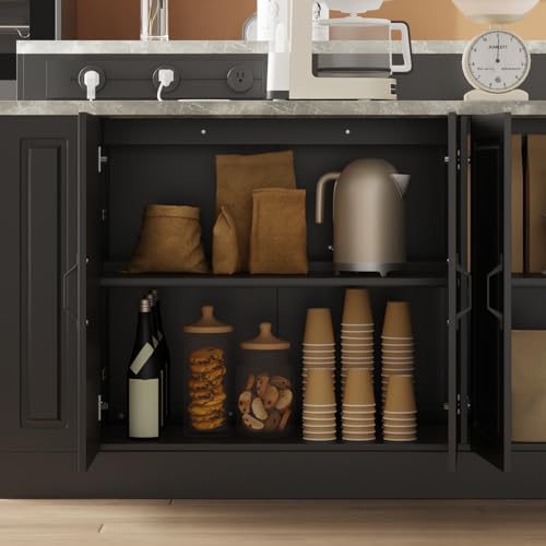 94.5" W Stationary Kitchen Island Storage Cabinet with Power Outlet, 3 Drawers, Black & Marble Grain S315
