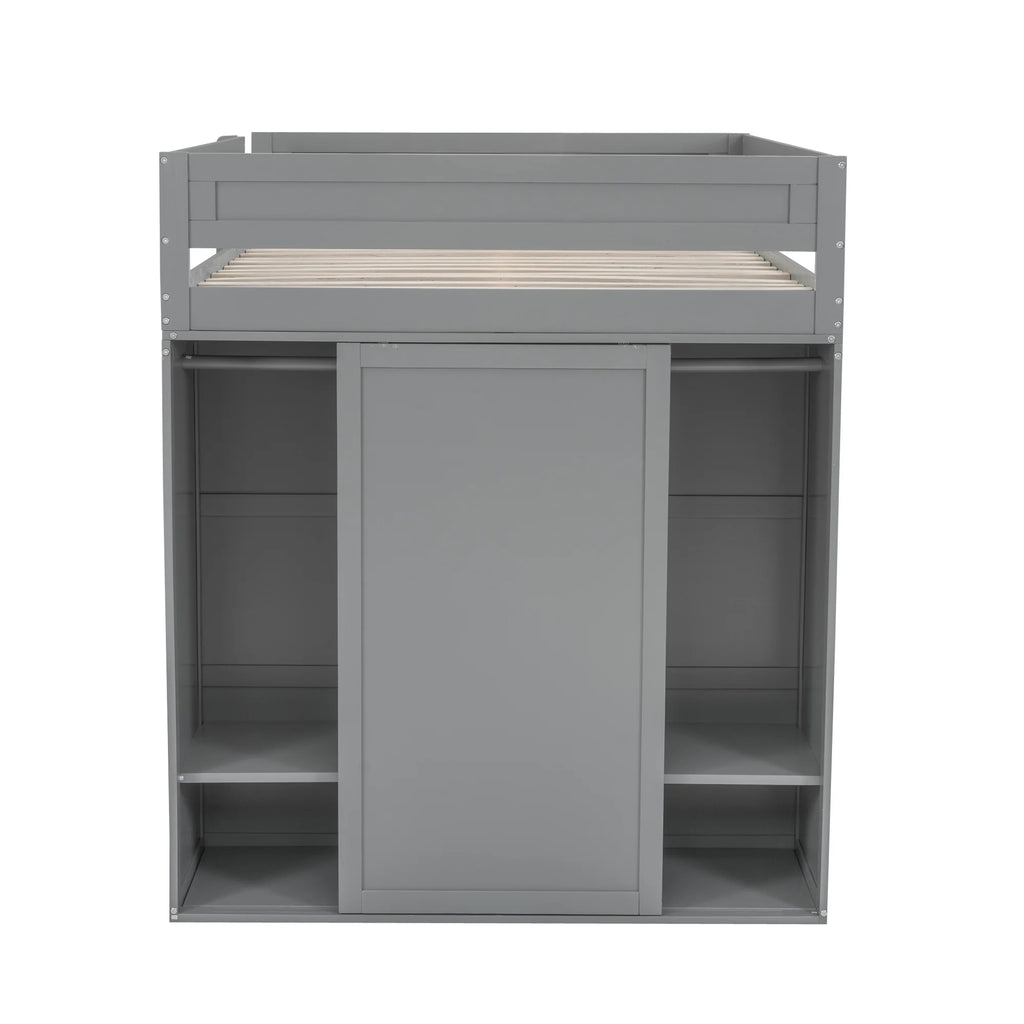 Wood Full Size Loft Bed with Storage Desk, Drawers and Wardrobe O753767