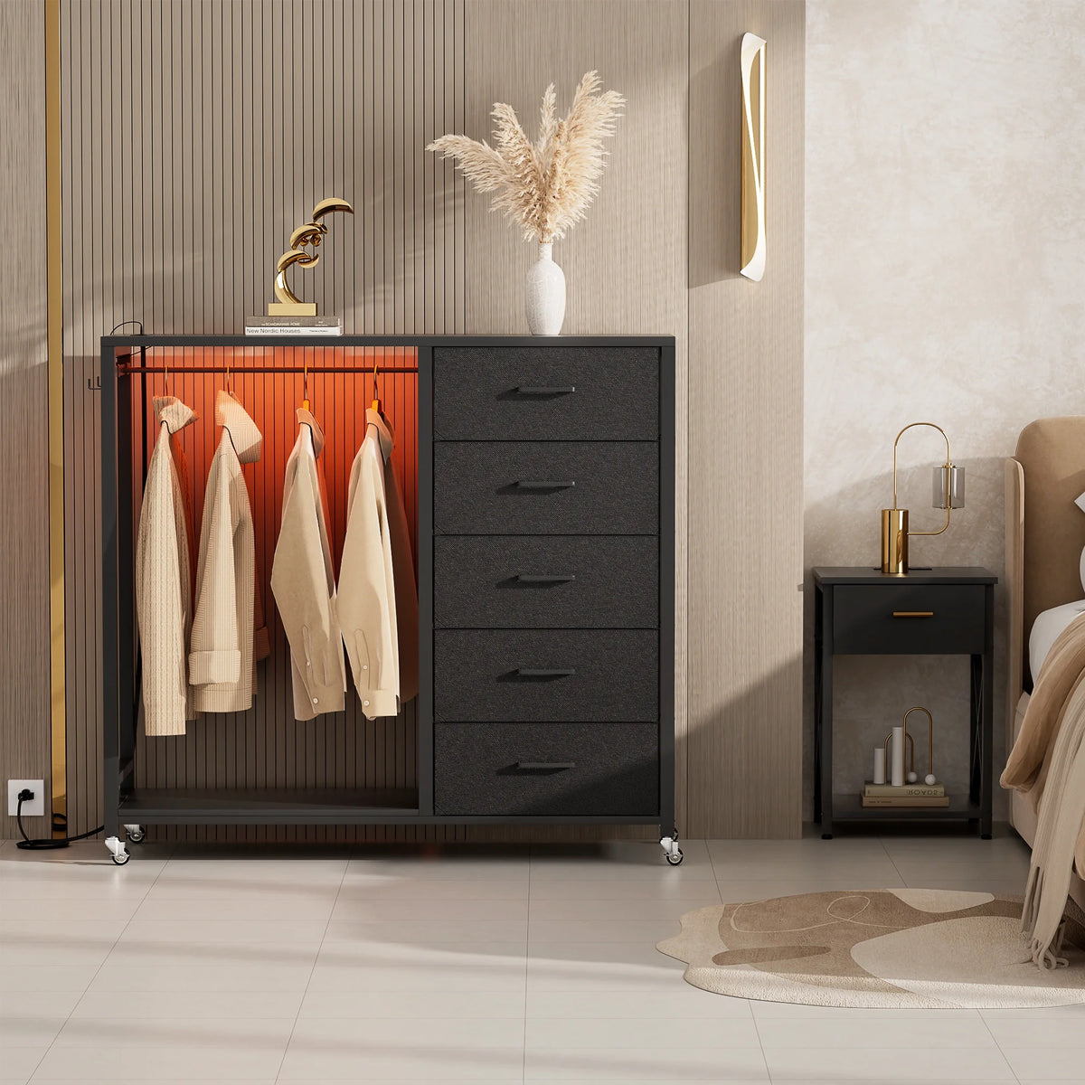 White 5 Drawer Dresser with Clothes Rack M173