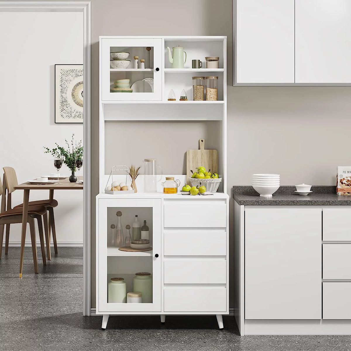 White Kitchen Pantry Cabinet with Countertop and Glass Doors Z842066