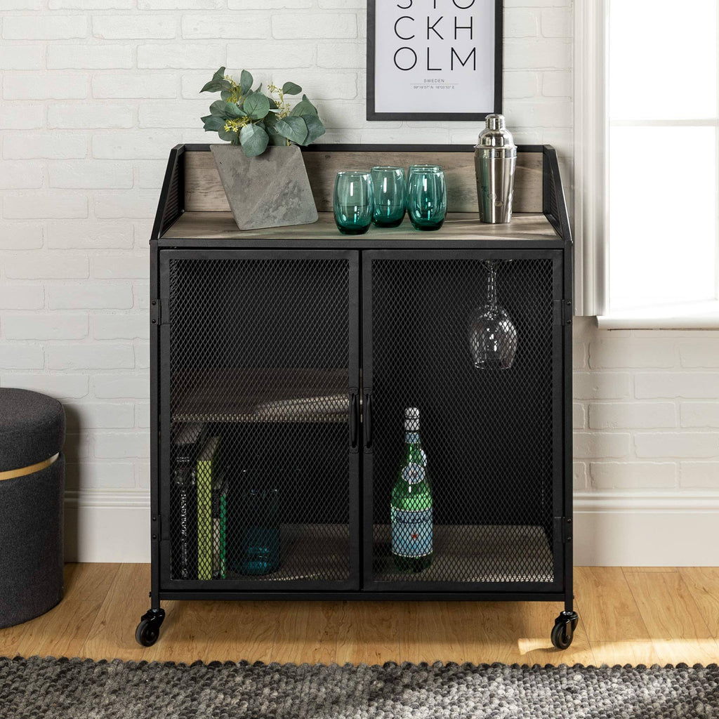33 inch Grey Wash Bar Cabinet with Metal Mesh U829402