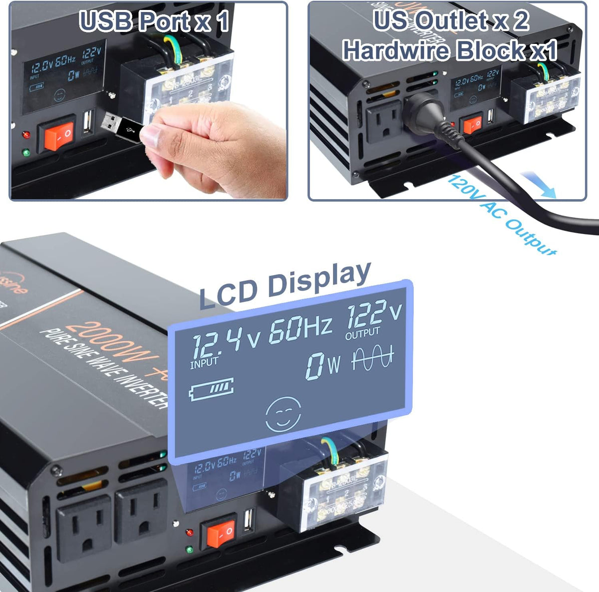 2000W Pure Sine Wave Power Inverter 12v DC to AC 120v Converter D477