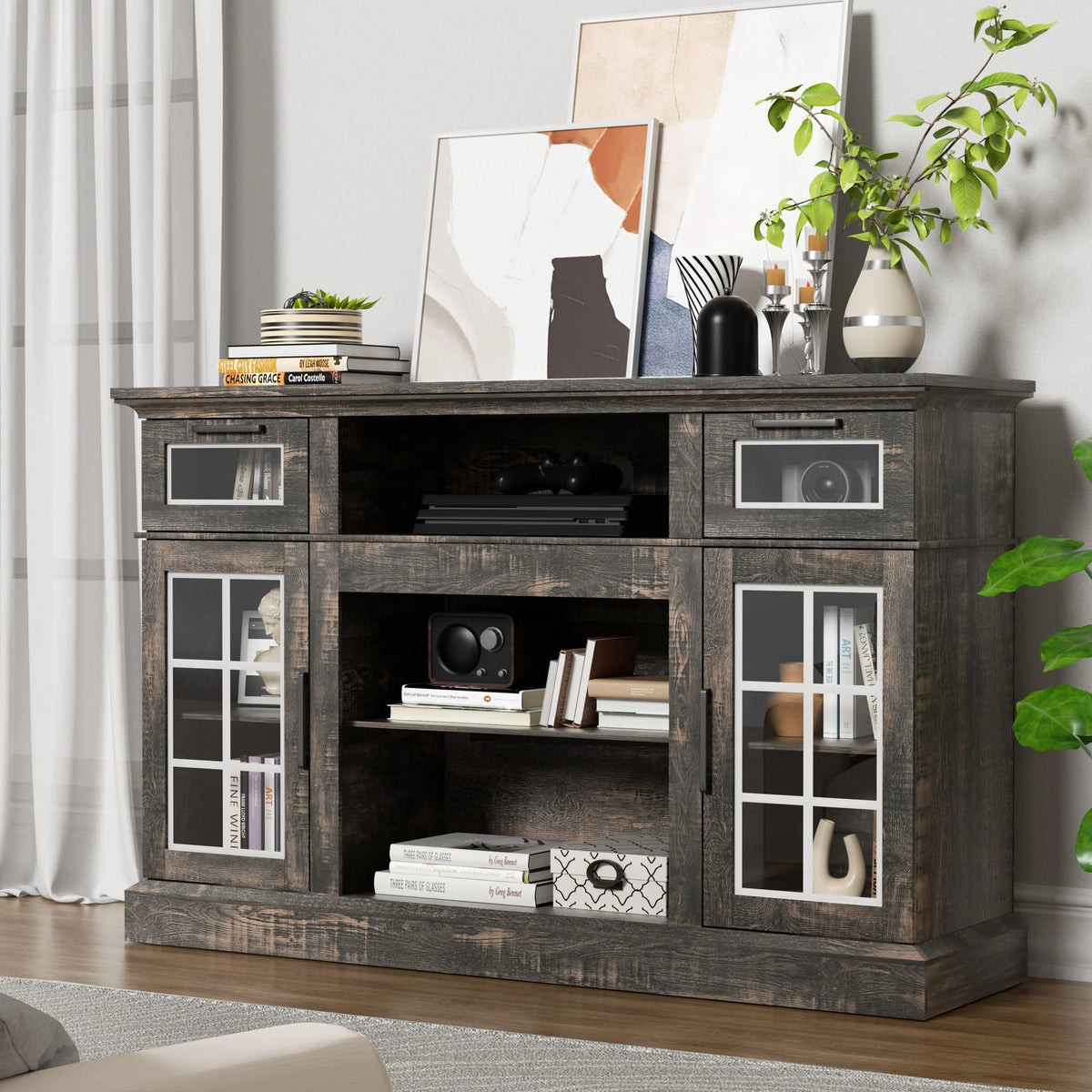 Dark Oak Tall TV Stand with Glass Door H369