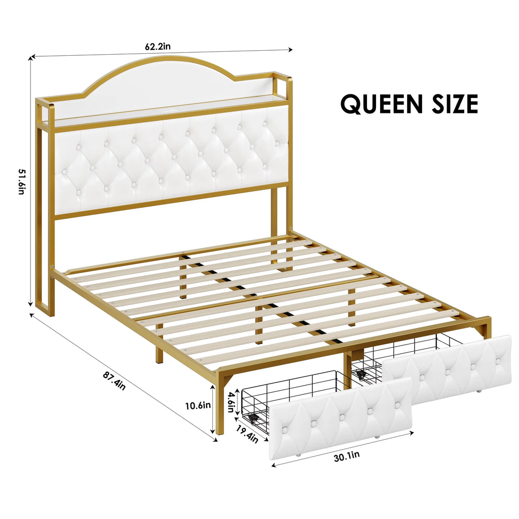 White Queen Size Storage Bed with 2 Drawers T8141