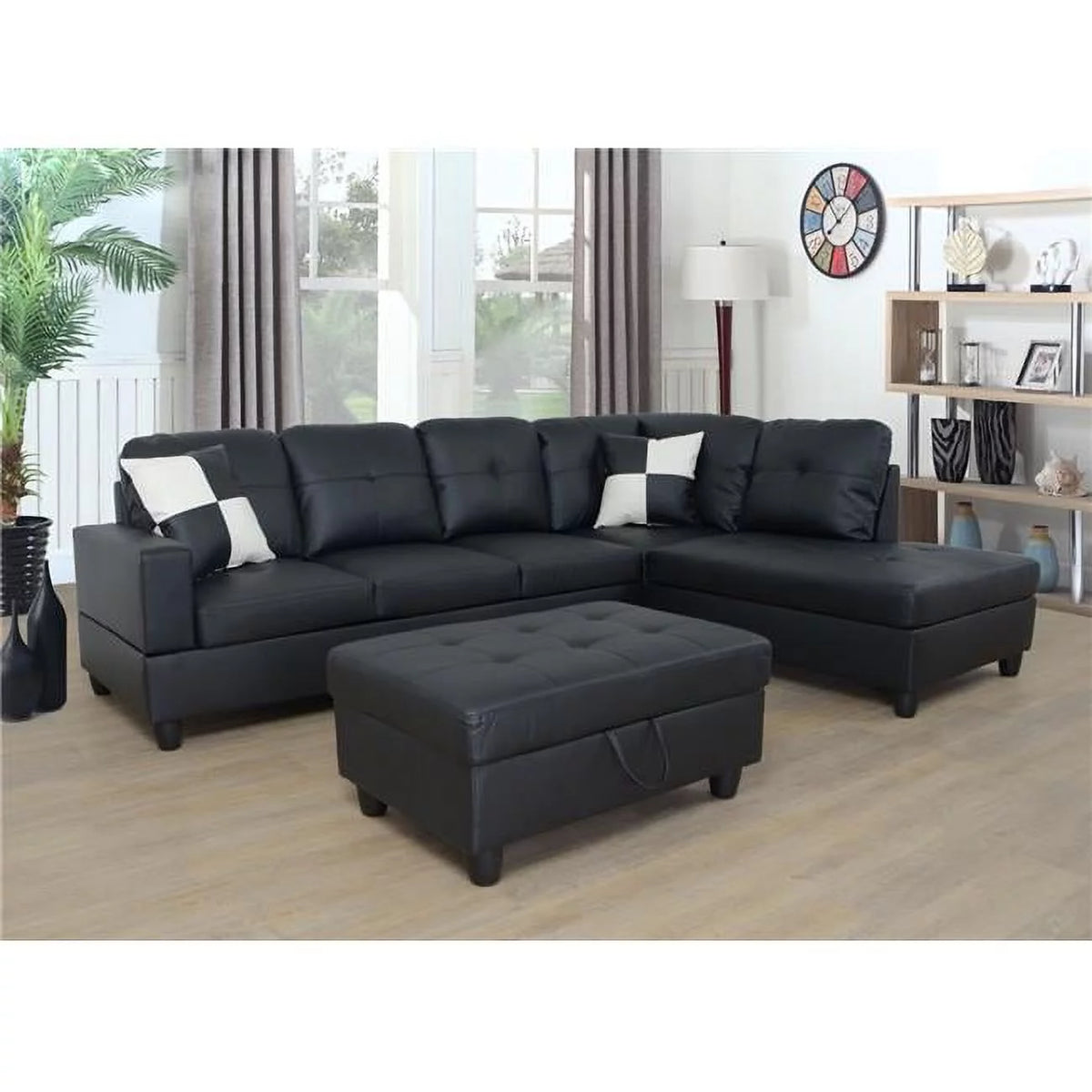 Black Faux Leather 3 Piece Sectional Sofa Set with Ottoman K993829