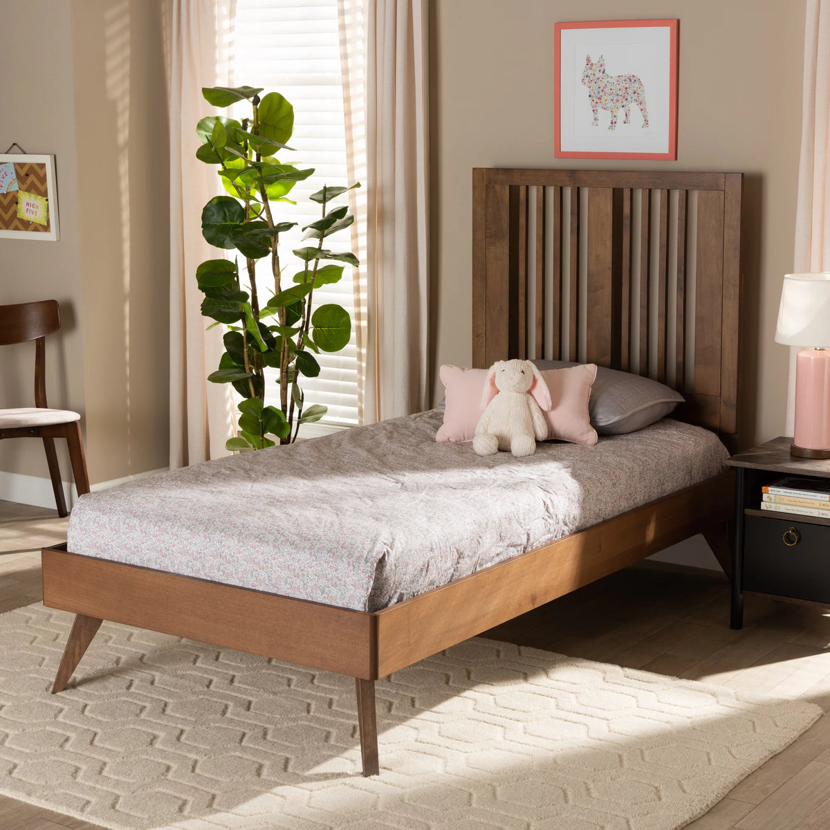 Twin Ash Walnut Wood Platform Bed V1641
