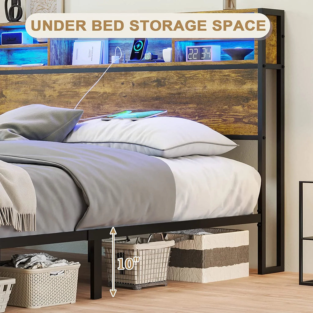 Brown LED Full Bed Frame with Outlets and Storage Drawers X24904