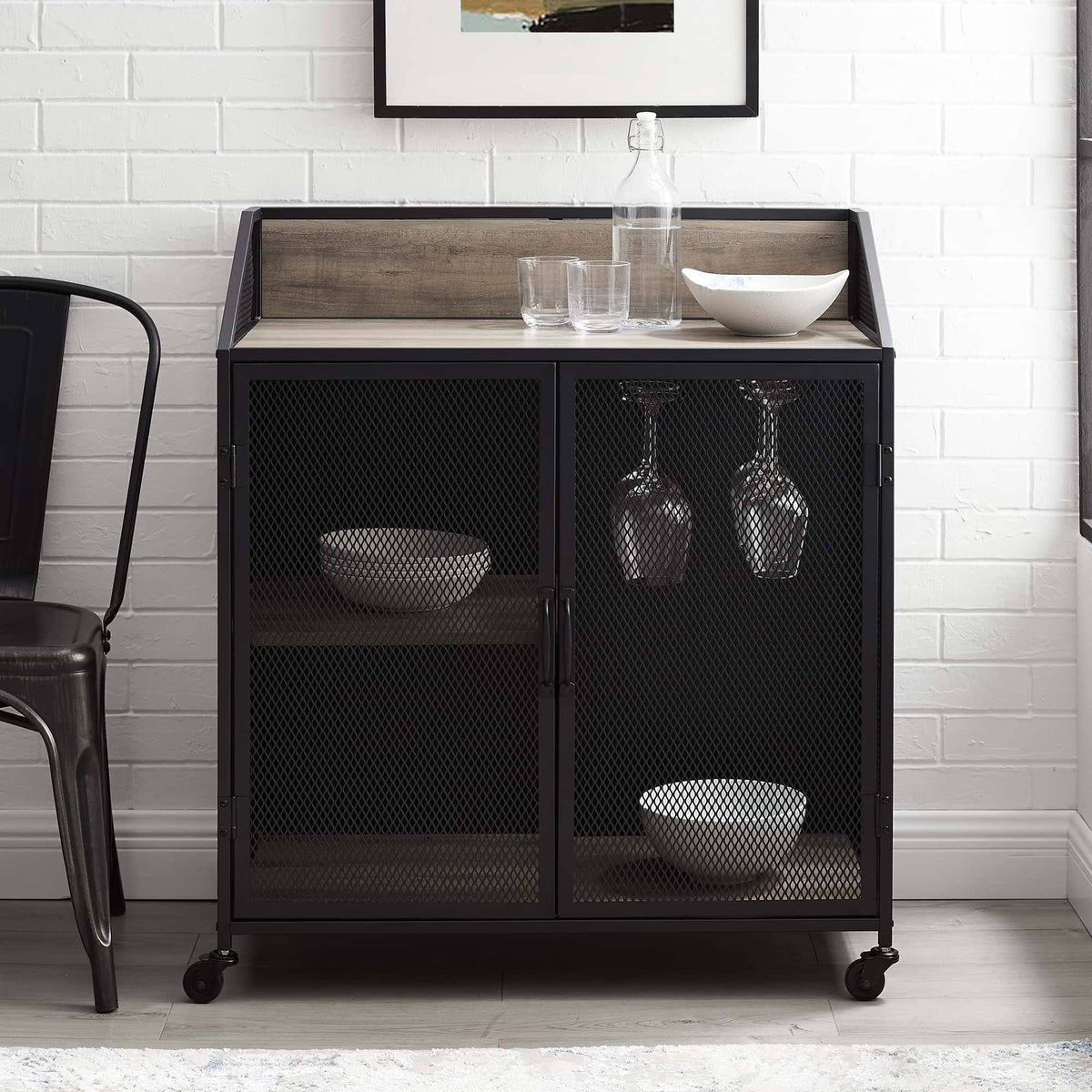 33 inch Grey Wash Bar Cabinet with Metal Mesh U829402