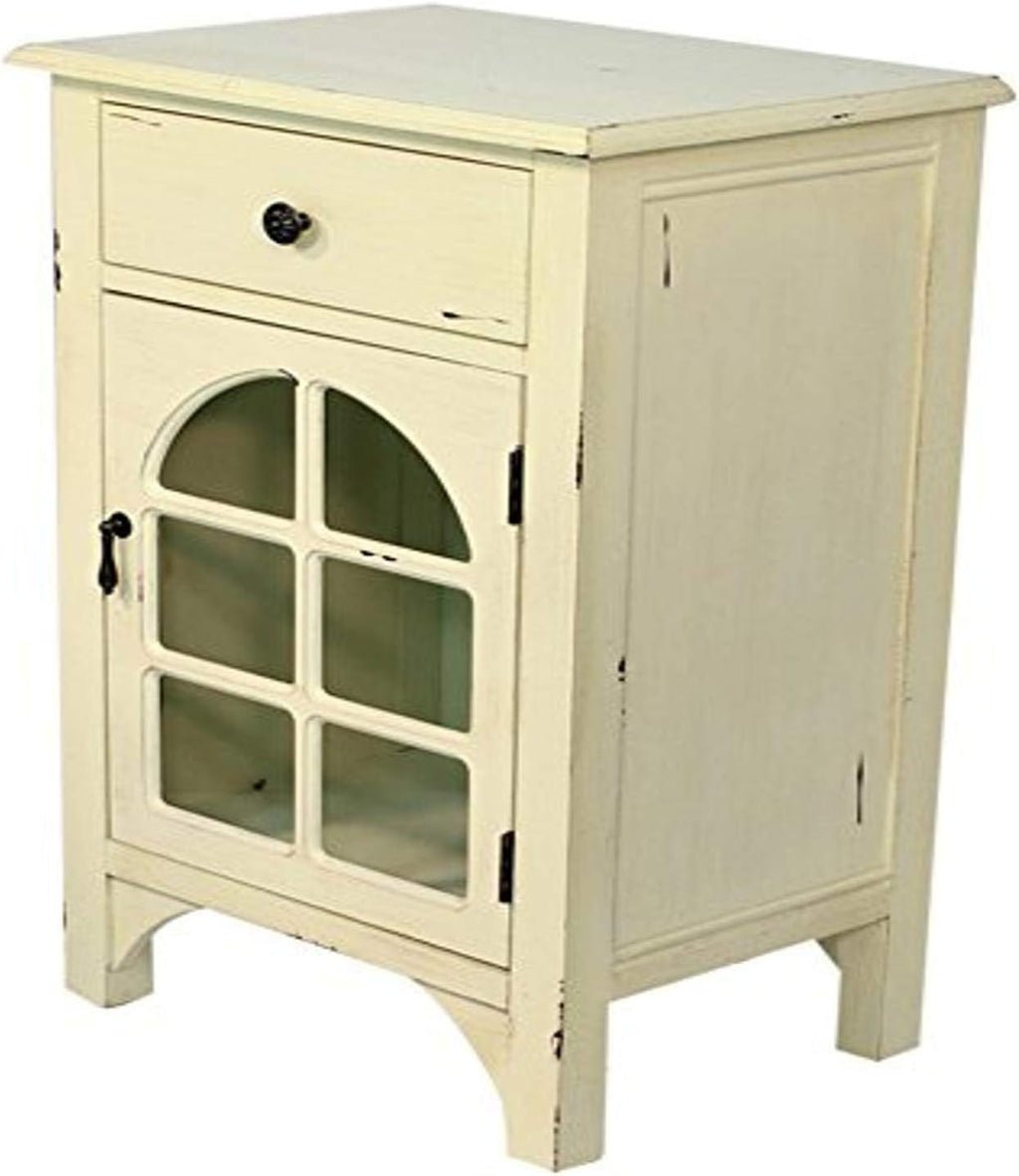 Light Gray Single Drawer Distressed Cabinet with Cathedral Glass Window Inserts J1213