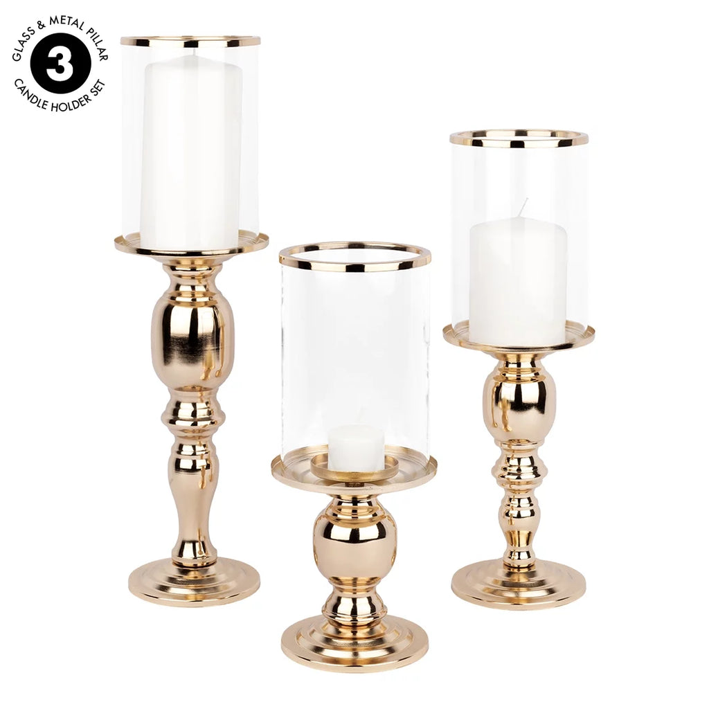 Copper Pillar Candle Holders With Hurricane Glass, Set of 3 O4158