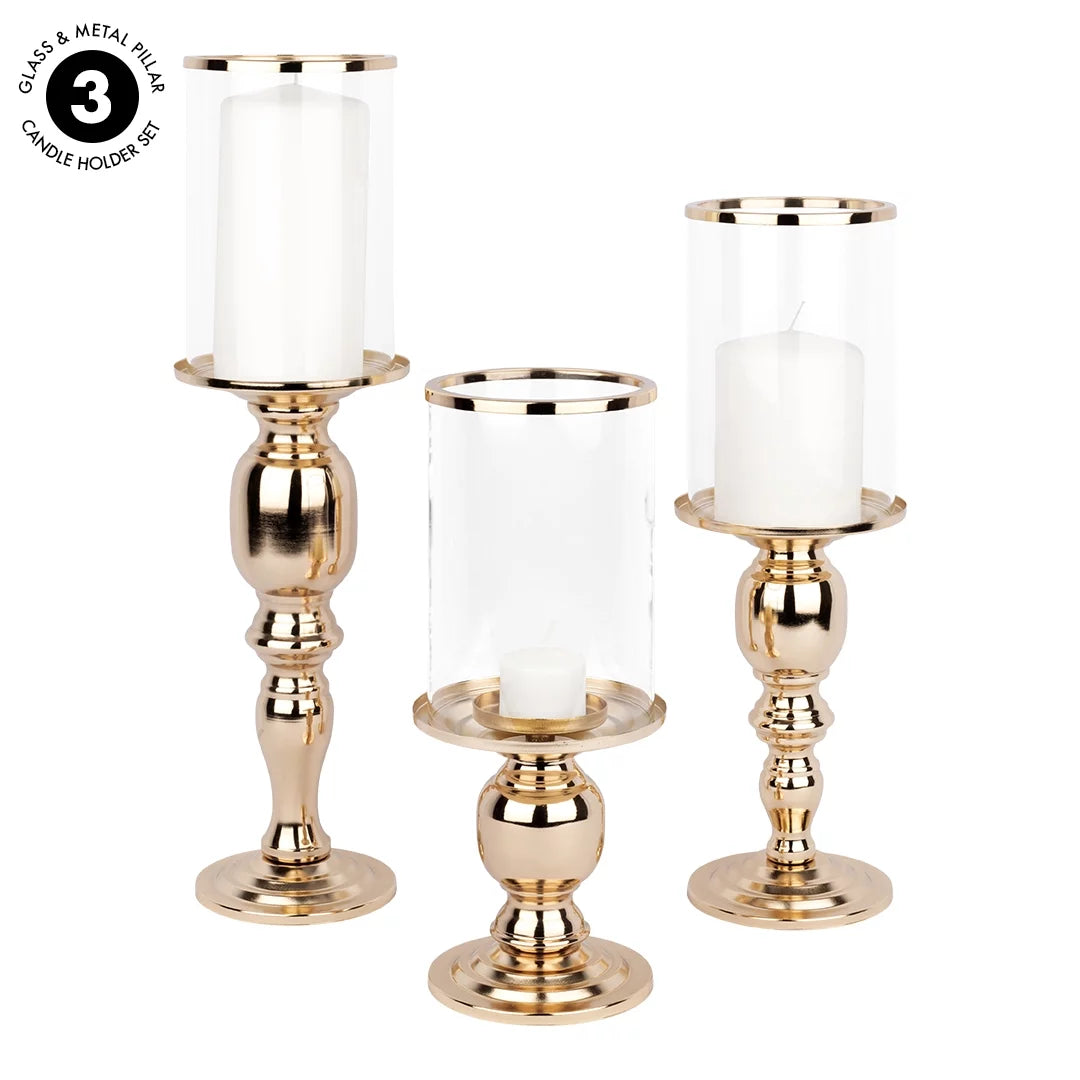 Copper Pillar Candle Holders With Hurricane Glass, Set of 3 O4158