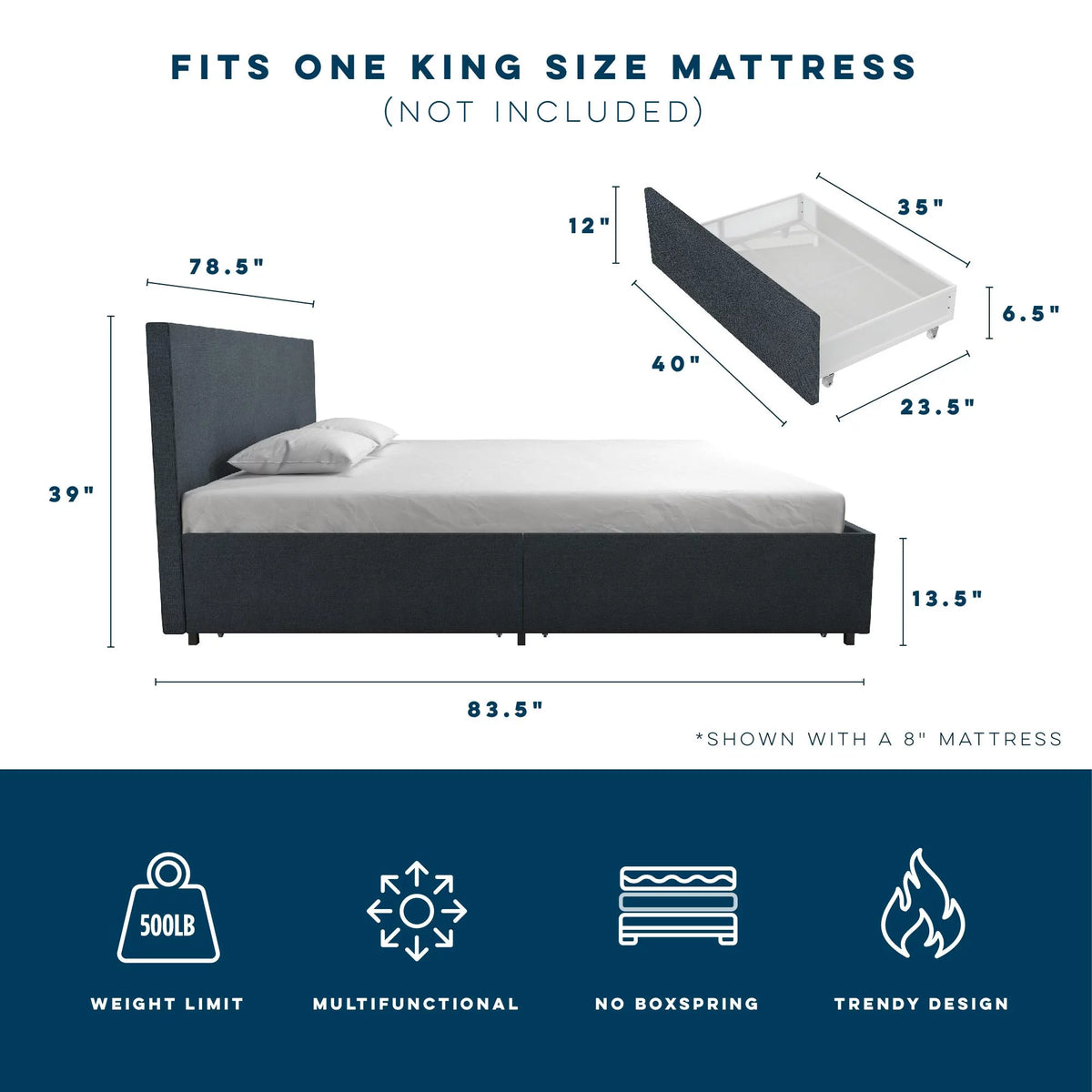 Dark Grey Linen Upholstered Storage Bed Frame A627