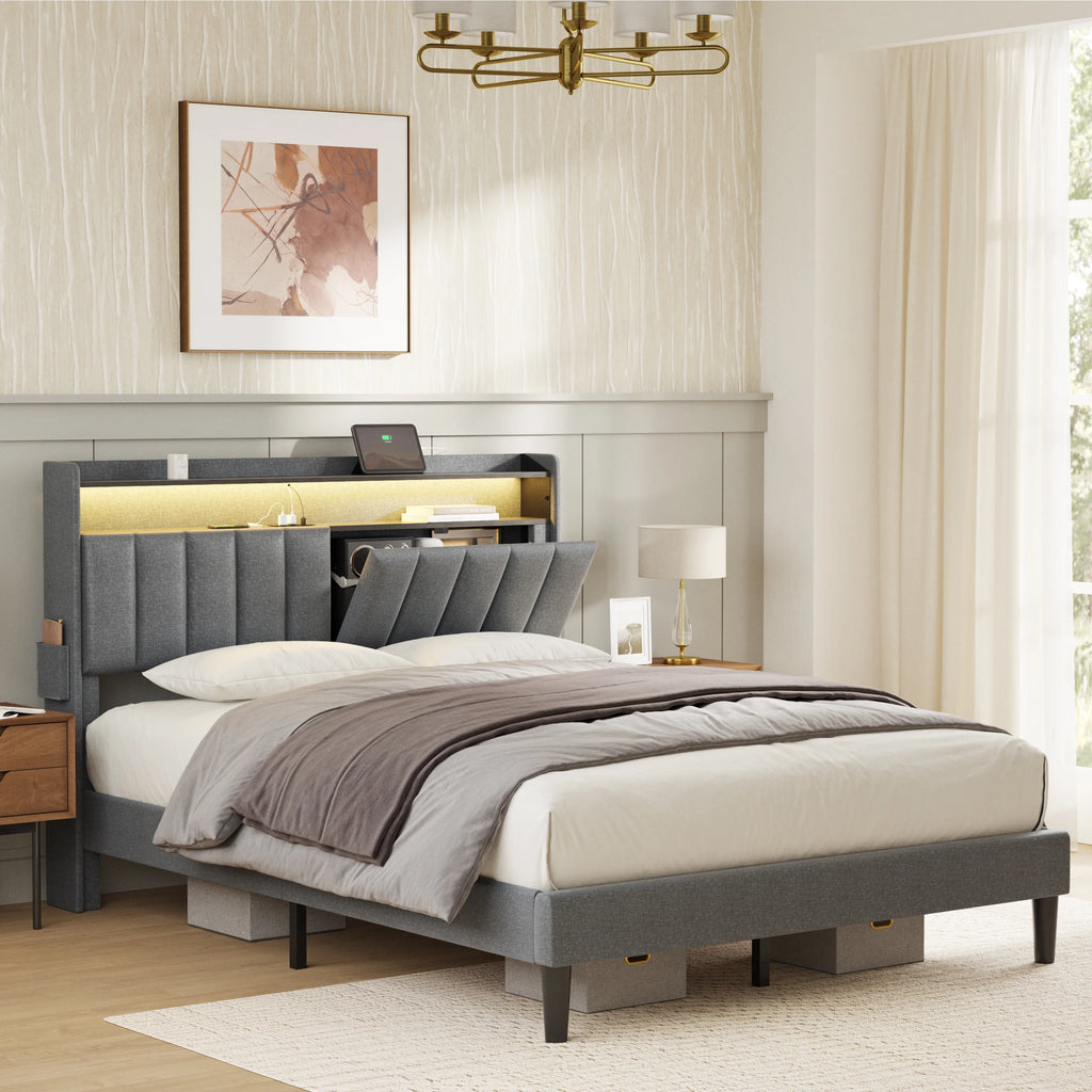 Queen Upholstered Platform Bed Frame with Storage Headboard B183