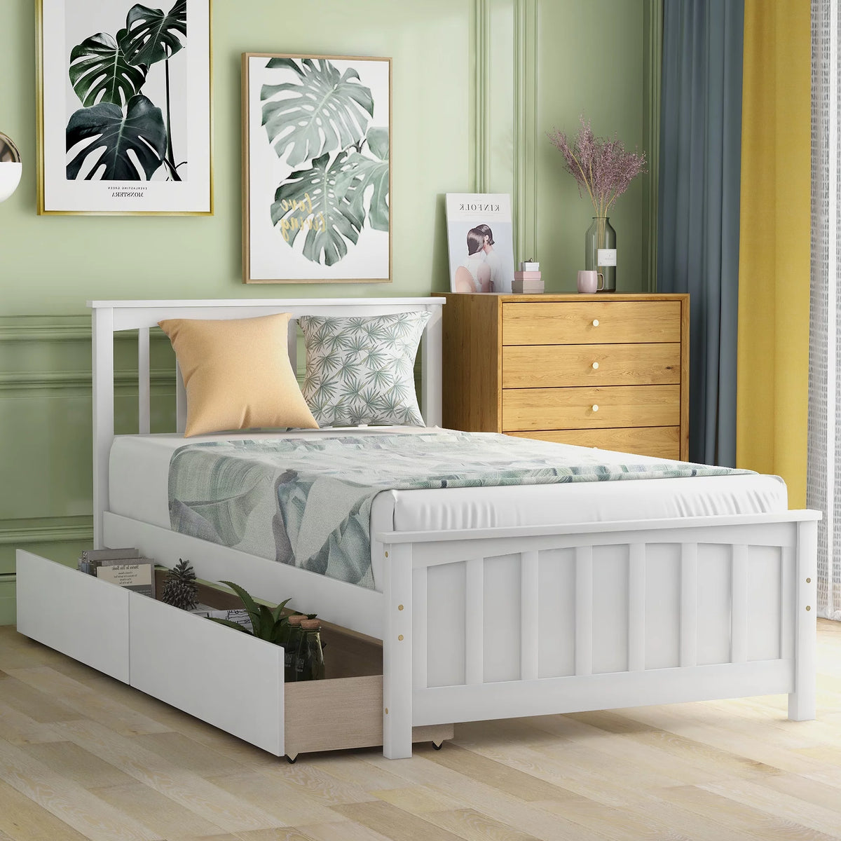White Twin Size Wood Platform Bed with Two Storage Drawers A12354