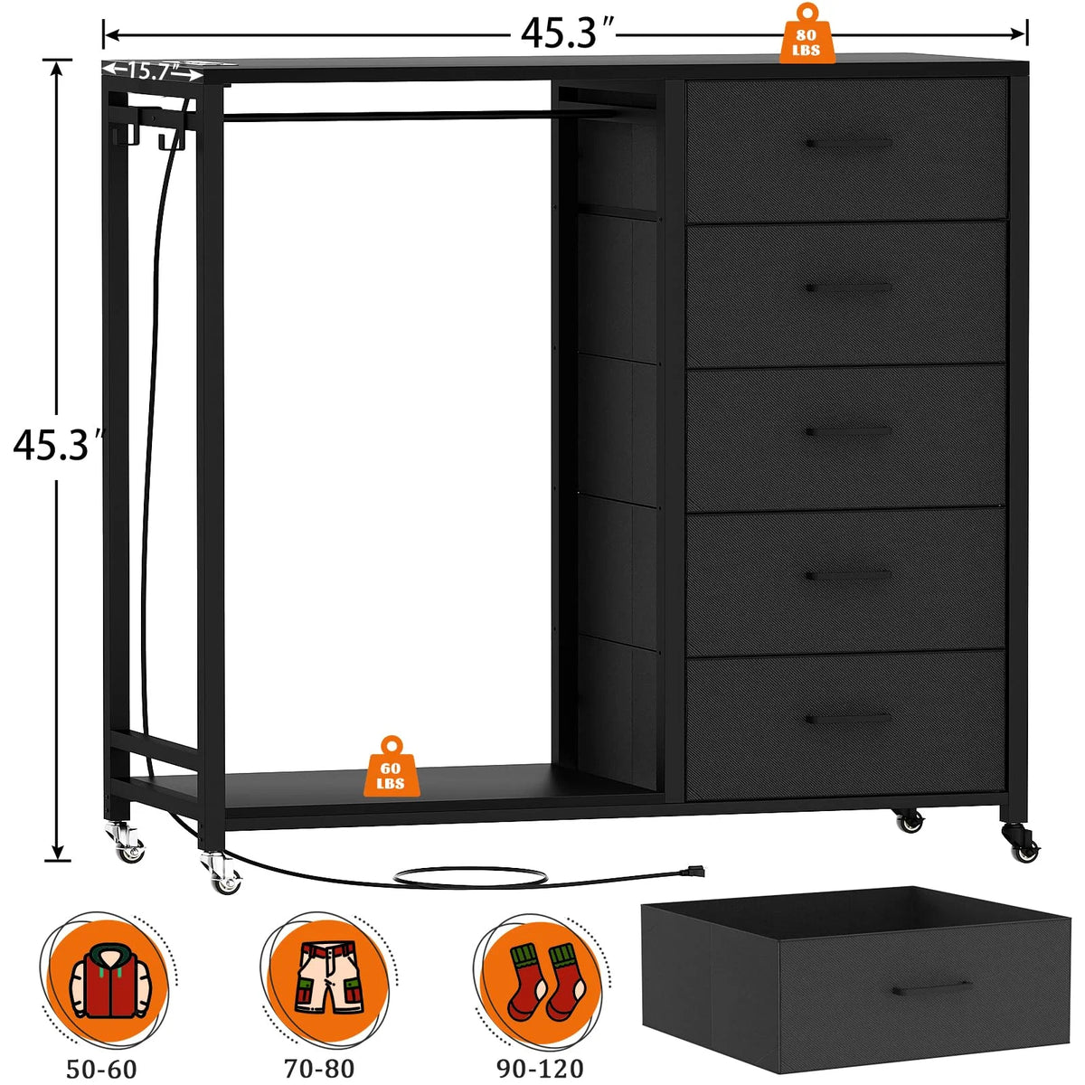 White 5 Drawer Dresser with Clothes Rack M173