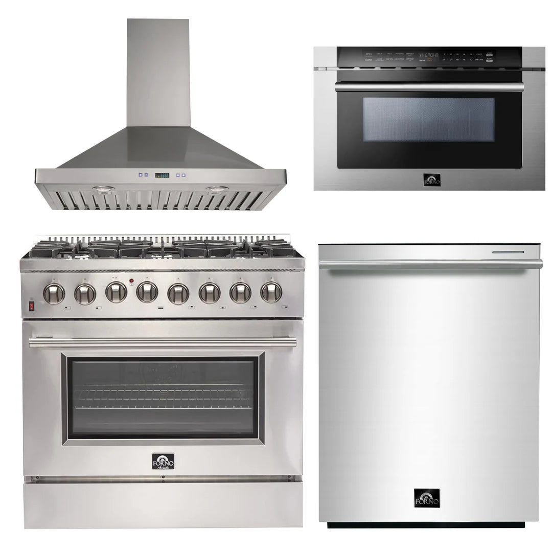 36 Inch Dual Fuel Range, Wall Mount Range Hood, Microwave Drawer, Dishwasher U80583