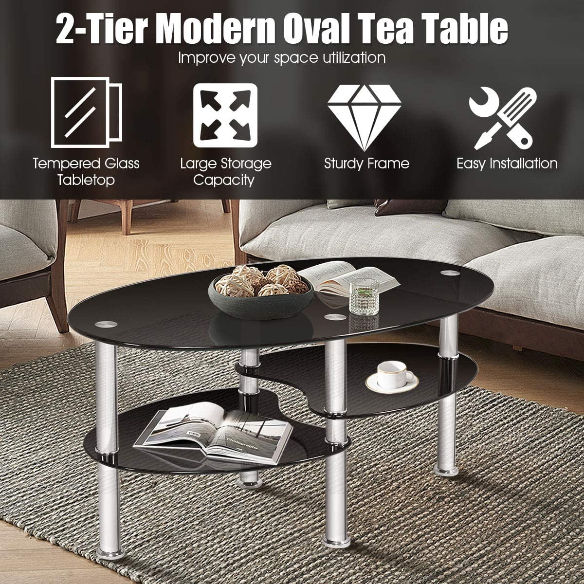 Black Oval Glass Coffee Table Q258