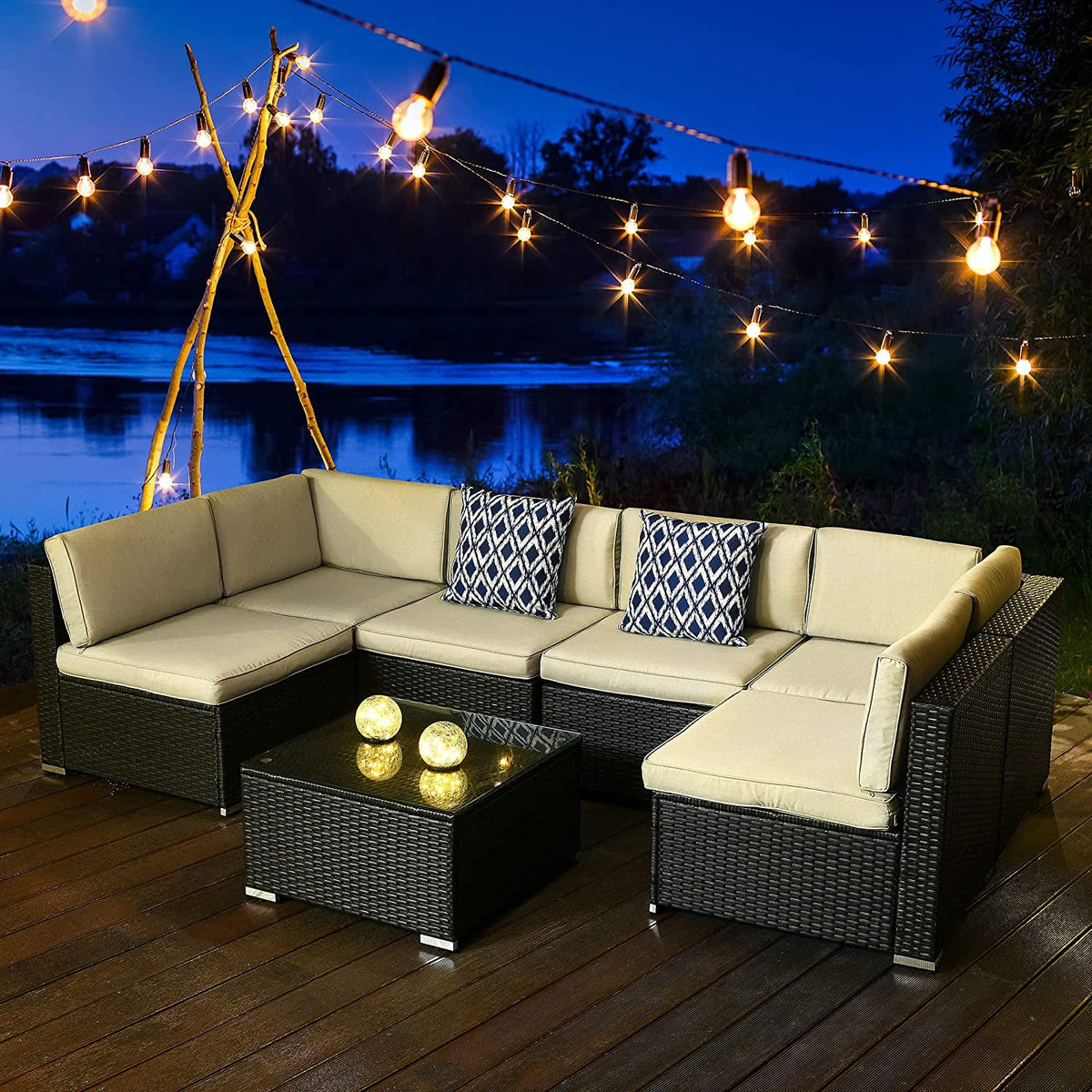 7 Piece PE Rattan Wicker Sectional Sofa Set with Table Cushions P676865