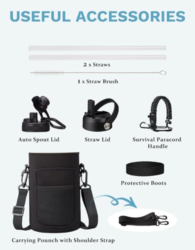 Insulated Water Bottle with Straw Lid Strap Carrier Boot & Paracord Handle P12650