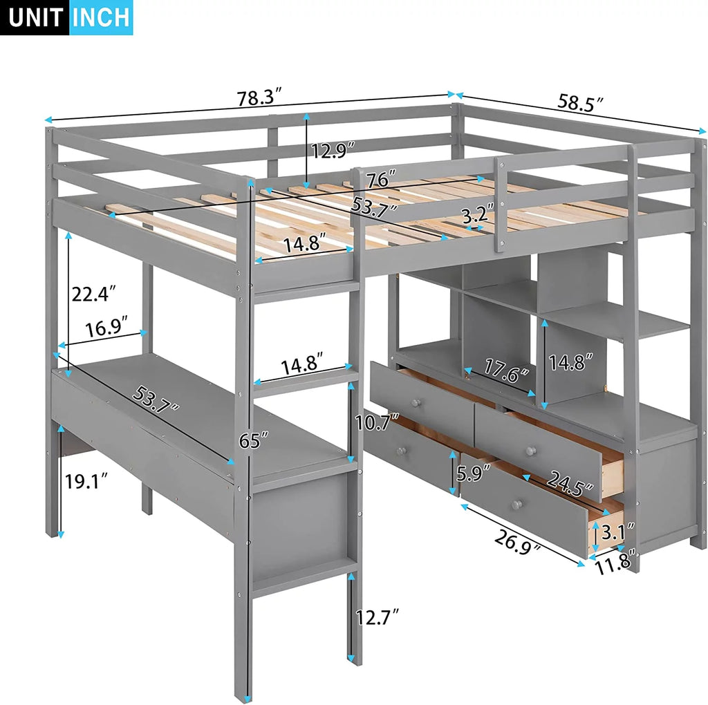 Grey Full Size Wood Loft Bed with Desk Drawers Shelves and Ladder S9835