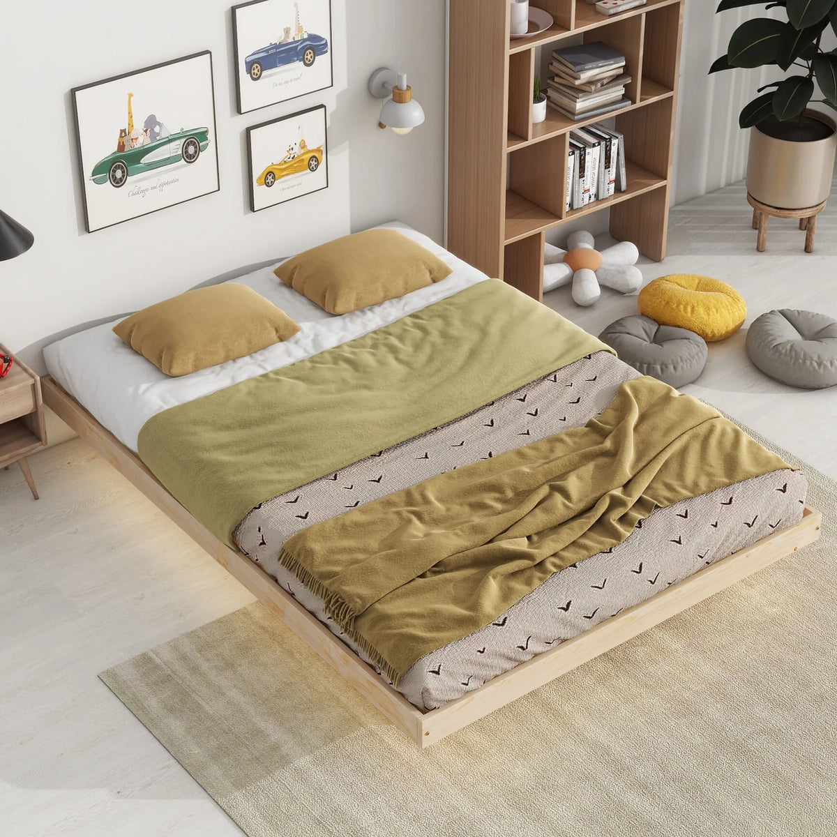 Full Size Grey Pinewood Floating Platform Bed with LED Lights B513552